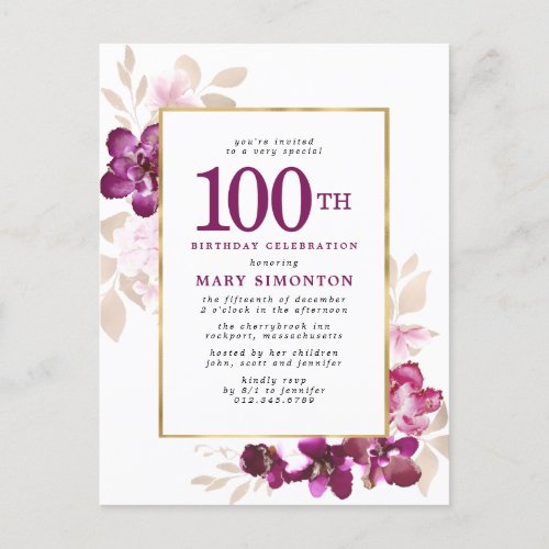 Purple Pink Gold Floral 100th Birthday Invitation Postcard