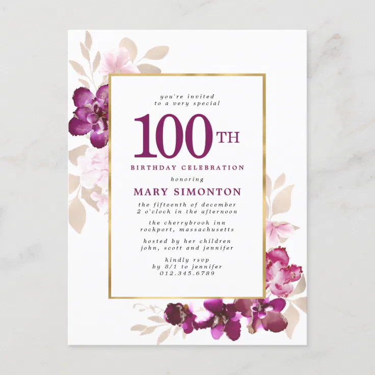 Purple Pink Gold Floral 100th Birthday Invitation Postcard | Zazzle