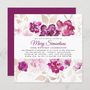 Purple Pink Gold Floral 100th Birthday Party Invitation