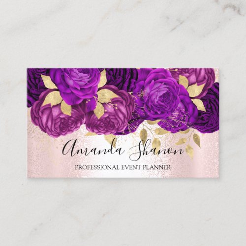 Purple Pink Gold Flowers Logo Event Planner QRCode Business Card