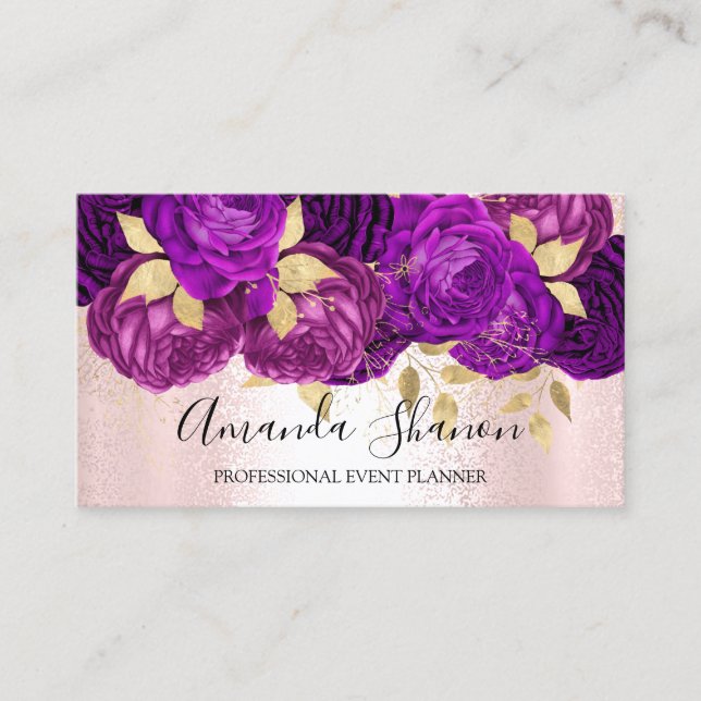 Purple Pink Gold Flowers Logo Event Planner QRCode Business Card (Front)