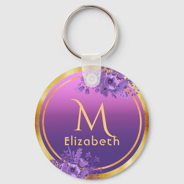 Purple pink gold glam monogram name keychain (Front)