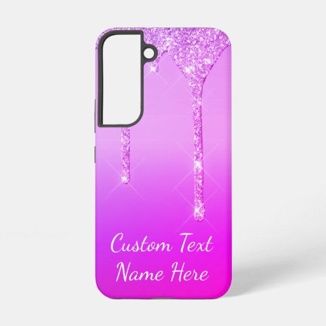 Purple Pink Gold Glitter Drips Custom Text Name Samsung Galaxy Case (Back)