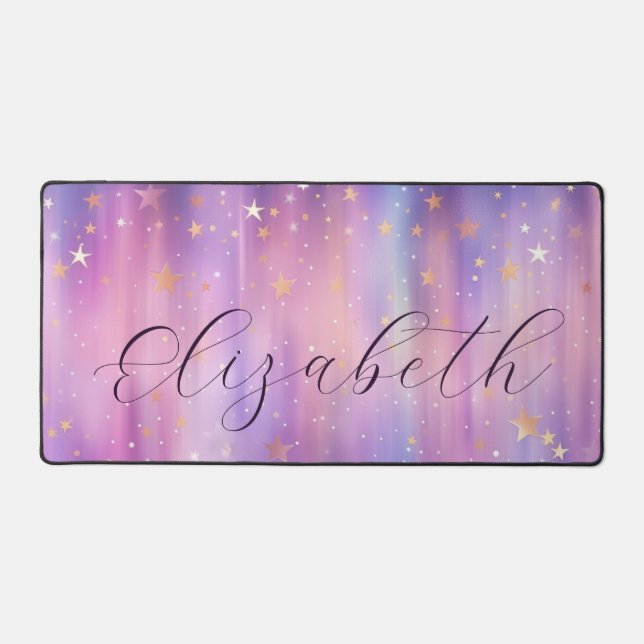 Purple Pink Gold Star Shimmer Script Personalized Desk Mat (Front)