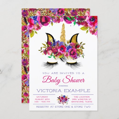 Purple Pink Gold Unicorn Baby Shower Invitations
