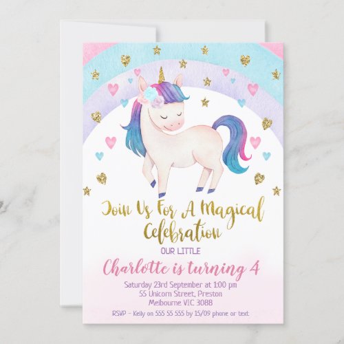 Purple Pink Gold Unicorn Birthday Invitation