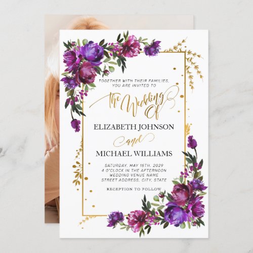 Purple Pink Gold Watercolor Floral Script Photo Invitation - Looking for a breathtaking wedding invitation that will make your guests say "wow"? Look no further than our stunning watercolor floral invitation in plum purple, hot pink, and emerald green. This invite is dripping with luxury and romance, from the delicate peony flowers to the luxurious gold script. The back displays your favorite engagement photo. It's guaranteed to make a lasting impression on your guests and set the tone for a truly unforgettable celebration. So don't wait another moment - order your exquisite invitations today! For matching products contact designer via Zazzle Designer Chat. Copyright Elegant Invites, all rights reserved.