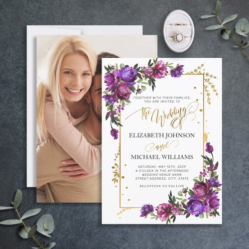 Purple Pink Gold Watercolor Floral Script Photo Invitation