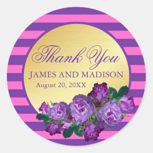 Purple Pink Gold Wedding Personalized Thank You Classic Round Sticker