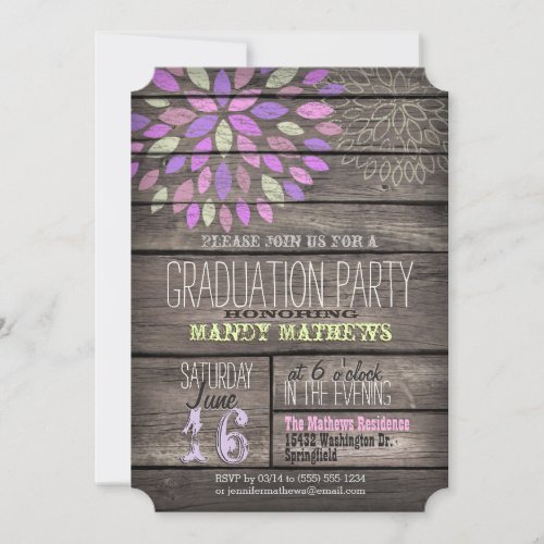 Purple Pink Green Rustic Graduation Party Invitation
