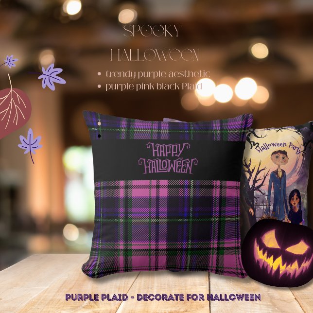 Purple Pink Happy Halloween Plaid  Throw Pillow (Purple Pink Happy Halloween Plaid Throw Pillow)