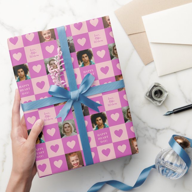 Purple Pink Heart Checkerboard Photos Valentine Wrapping Paper (Gifting)