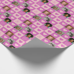 Purple Pink Heart Checkerboard Photos Valentine Wrapping Paper