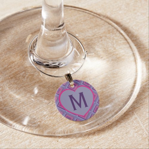 Purple Pink Heart Diamond Initial Monogram Love  Wine Charm