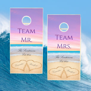 Purple Pink Hearts in Sand Beach Wedding Cornhole  Set