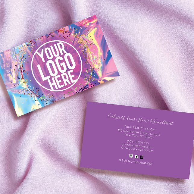 Purple Pink Holograph Glitter Confetti Logo Business Card (Creator Uploaded)