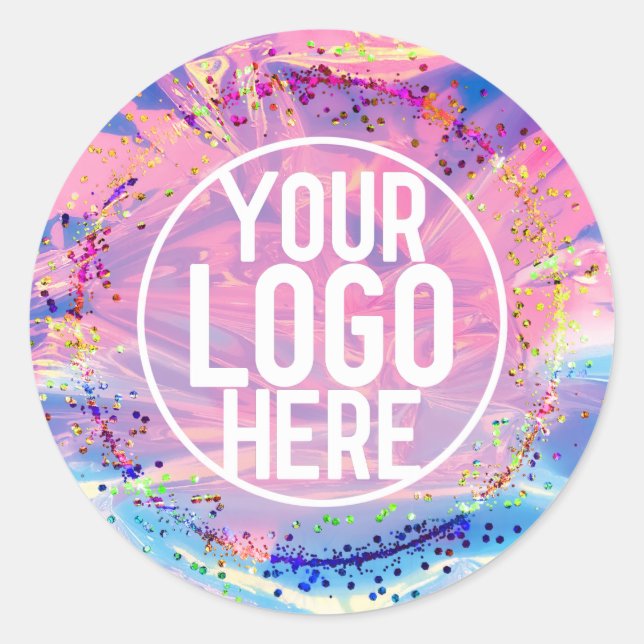 Purple Pink Holograph Glitter Confetti Logo Classic Round Sticker (Front)