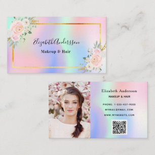 Purple pink holographic floral photo qr code  business card