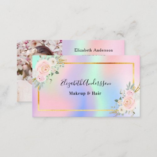 Purple pink holographic floral photo qr code  business card