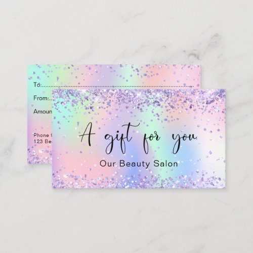Purple pink holographic glitter gift certificate