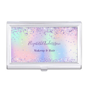 Purple pink holographic glitter sparkles name business card case