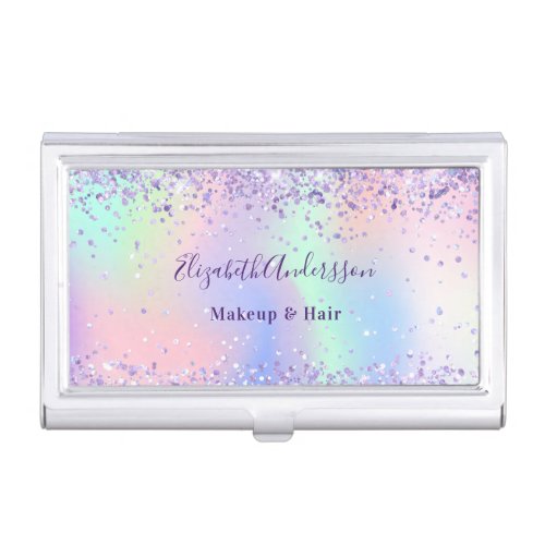Purple pink holographic glitter sparkles name business card case