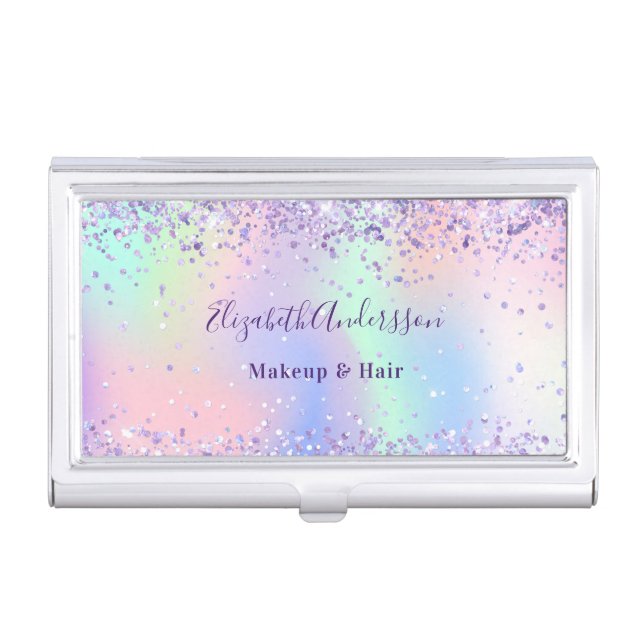 Purple pink holographic glitter sparkles name business card case (Front)