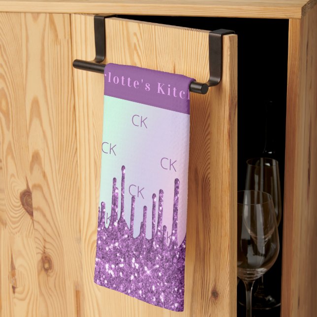 Purple pink holographic monogram kitchen towel (Thirds Fold)