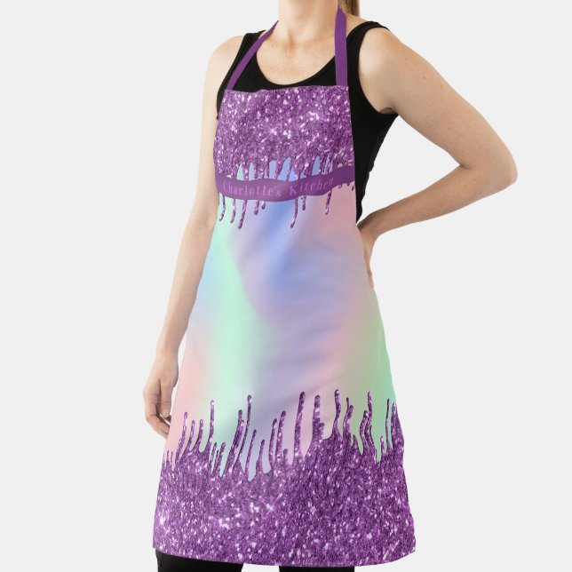 Purple pink holographic name apron (Insitu)