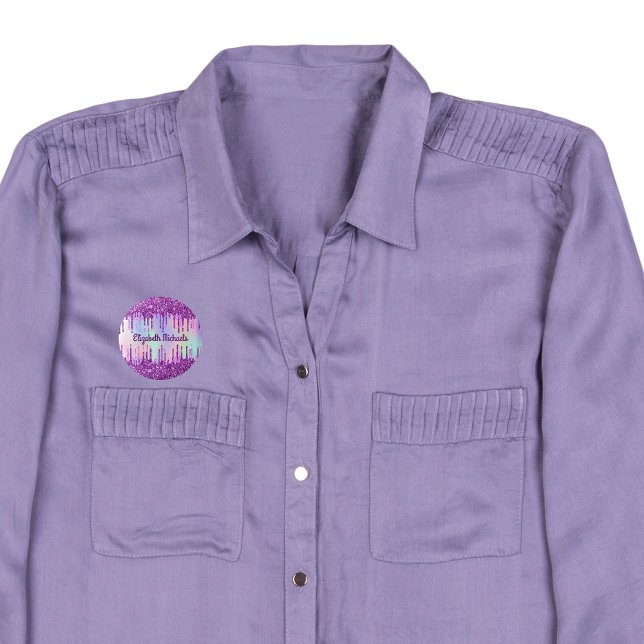 Purple pink holographic name tag button (Creator Uploaded)