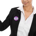 Purple pink holographic name tag button<br><div class="desc">A rainbow,  unicorn colored holographic background. Decorated with pink and purple drips,  paint dripping look.  Personalize and add a name,  written with a girly modern hand lettered style script.   Purple colored letters.</div>