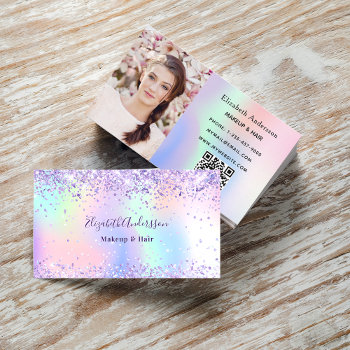 Purple Pink Holographic Photo Qr Code Business Card by Thunes at Zazzle