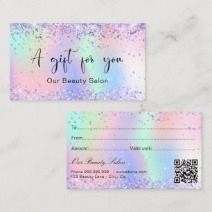 Purple pink holographic QR code gift certificate