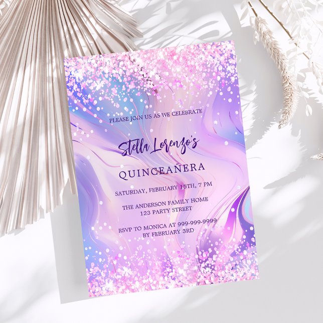 Purple pink holographic Quinceanera luxury Invitation (Creator Uploaded)