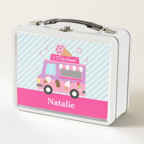 Purple Pink Ice Cream Truck Girls Personalized Metal Lunch Box