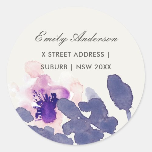 PURPLE PINK INK WASH WATERCOLOR FLORAL ADDRESS CLASSIC ROUND STICKER