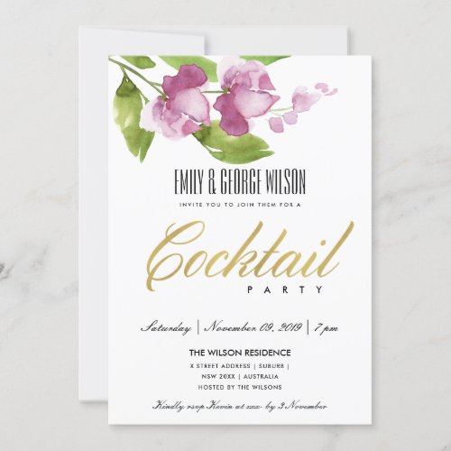 PURPLE PINK INK WATERCOLOR FLORAL COCKTAIL PARTY INVITATION