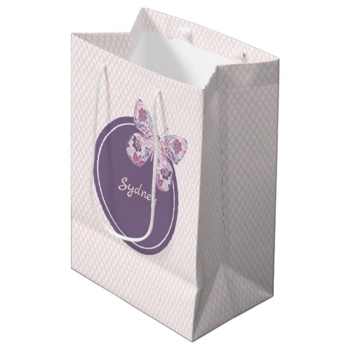 Purple Pink Lattice Pattern Personalized Butterfly Medium Gift Bag