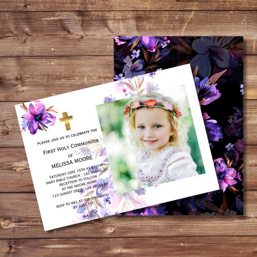 Purple pink lavender First Holy Communion Photo Invitation