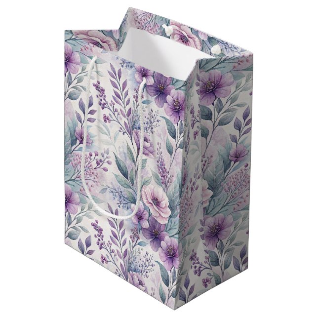Purple, Pink, Lavender Floral  Medium Gift Bag (Front Angled)
