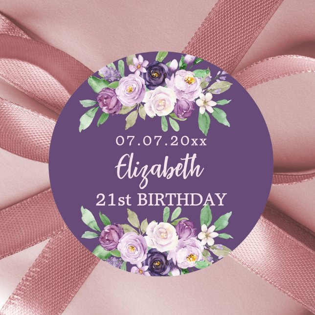 Purple pink lavender florals birthday classic round sticker (Creator Uploaded)
