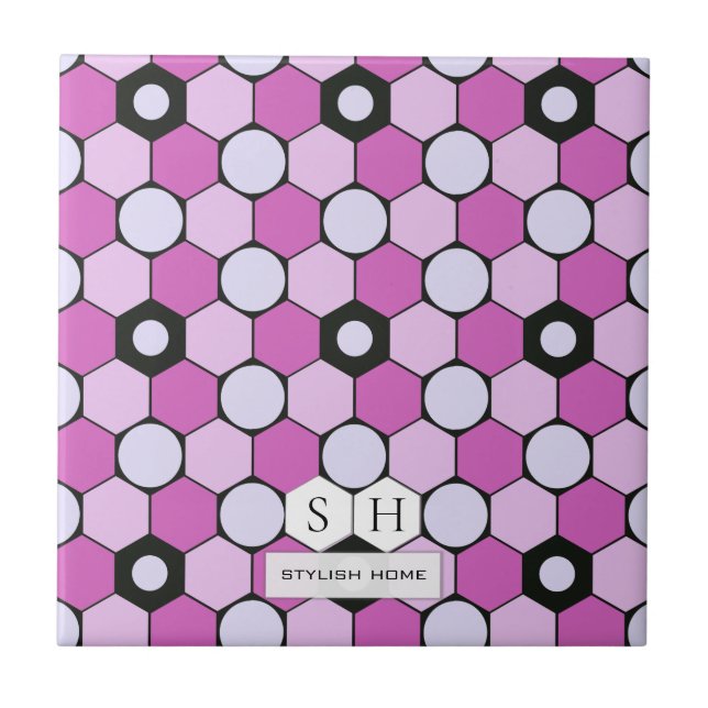 Purple, Pink, Lavender Hexagons & Circles Pattern Ceramic Tile (Front)