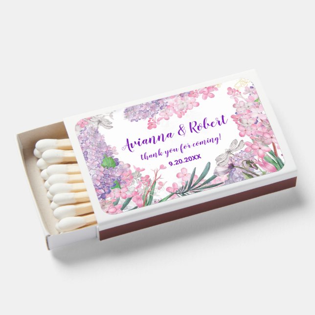 Purple Pink Lilac Floral Wedding Favor Matchboxes (Front Open)