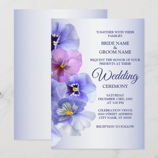 Purple Pink Lilac Pansy Floral Rustic Wedding Invitation (Front/Back)