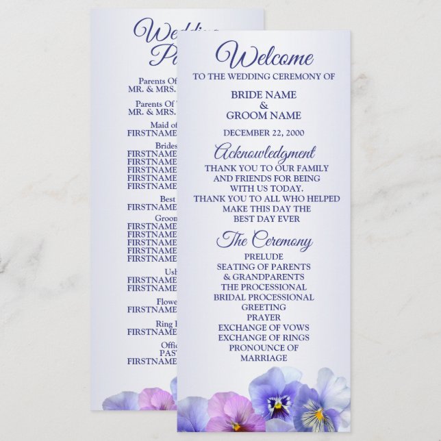 Purple Pink Lilac Pansy Floral Rustic Wedding Program (Front/Back)