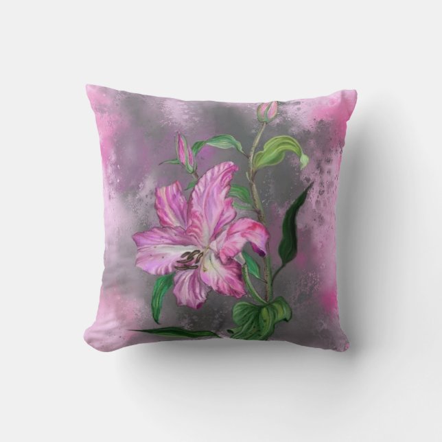 Purple Pink Lily Flower Throw Pillow (Front)