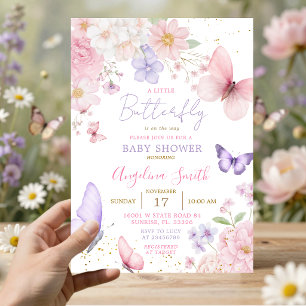 Purple & Pink Little Butterfly Floral Baby Shower Invitation