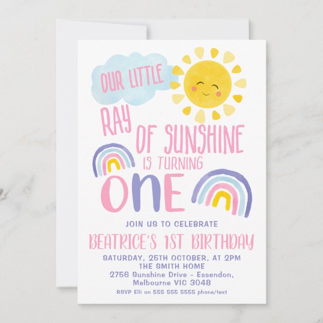 Purple Pink Little Ray Of Sunshine 1st Birthday Invitation (Front)