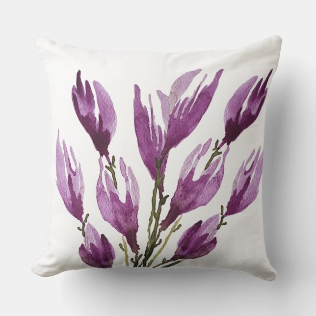 Purple Pink Magnolia Floral Watercolor Throw Pillow (Front)