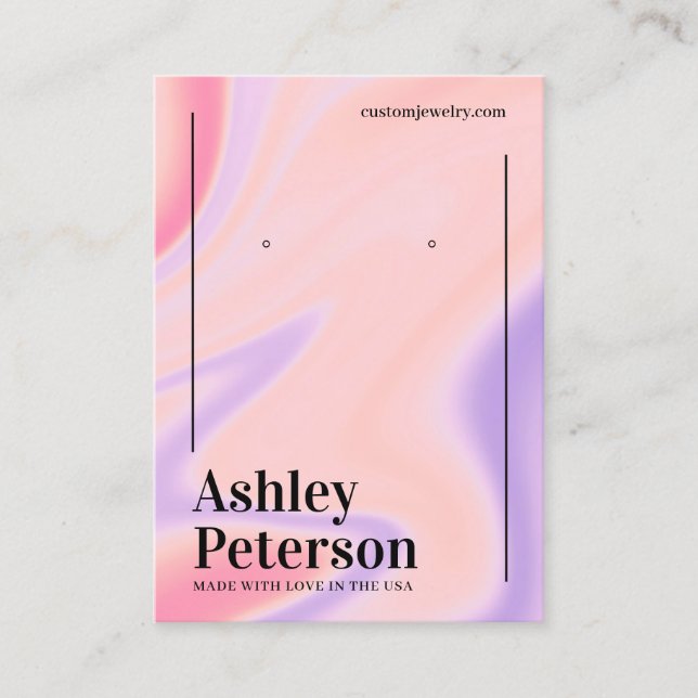 Purple pink marble rainbow script earring display business card (Front)